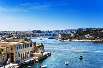 Obraz premium VALLETTA, MALTA - June 28, 2017: Typical Seaside port in Valletta in Malta