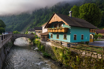 Fototapeta na wymiar Small mountain town Zelezniki in Carniola region, Slovenia .