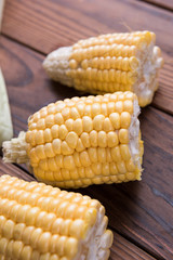 Fresh sweet corn on table
