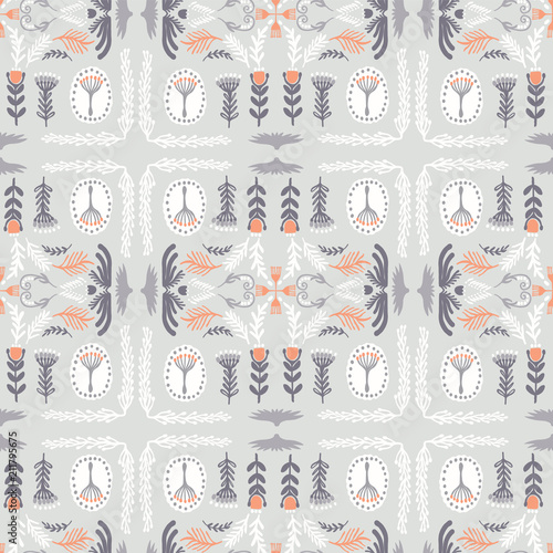 Soft Pastel Grey Orange Floral Quilt Tile Seamless Vector Pattern Hand Drawn Folk Flower Illustration For Fashion Prints Wallpaper Stationery Elegant Home Decor Gift Wrap Pretty Backgrounds Wall Mural Limolida Studio
