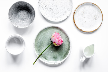 ceramic tableware top view on white background mock up