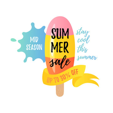 Vector illustration, cartoon ice cream with Summer sale text. Mid season sale banner. Stay cool this summer lettering.