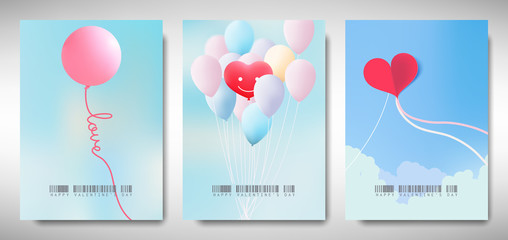 Set of Valentines day card template design, colorful balloons and heart kite flying in the sky with love message, minimalist style