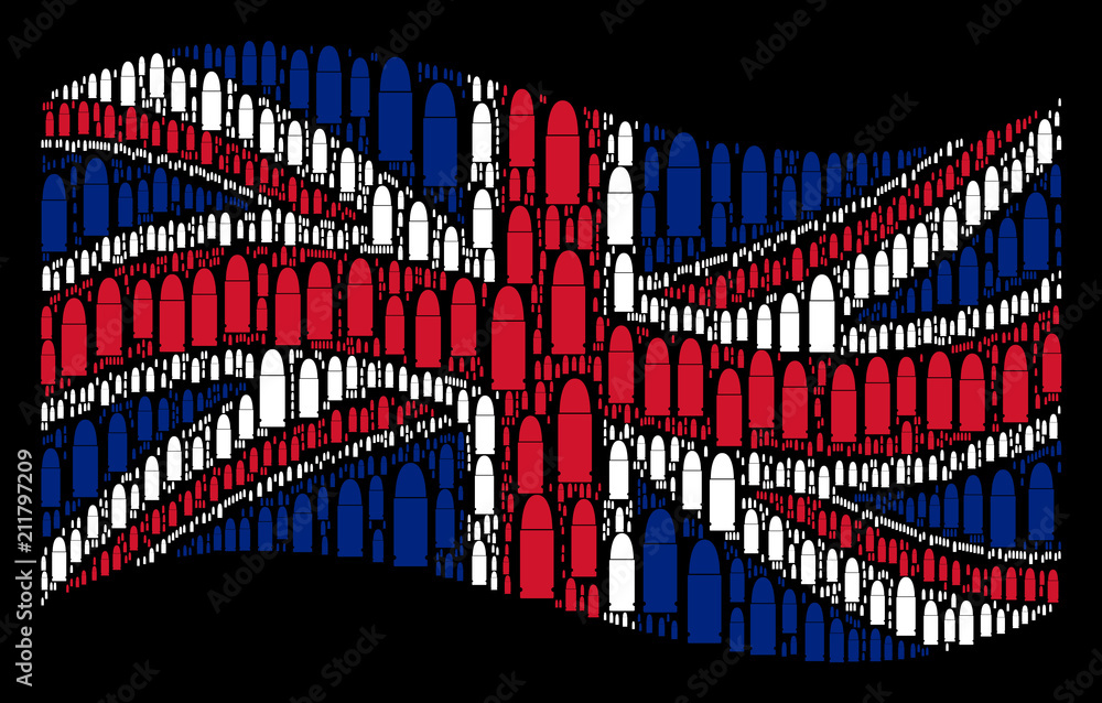 Aufkleber waving uk flag on a black background. vector ammo bullet elements are arranged into conceptual briti
