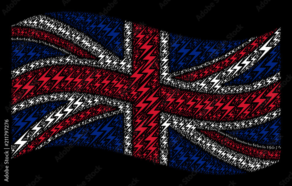 Aufkleber waving uk flag on a black background. vector lightning icons are united into conceptual british flag