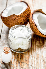 organic cosmetics concept with coconut on table background