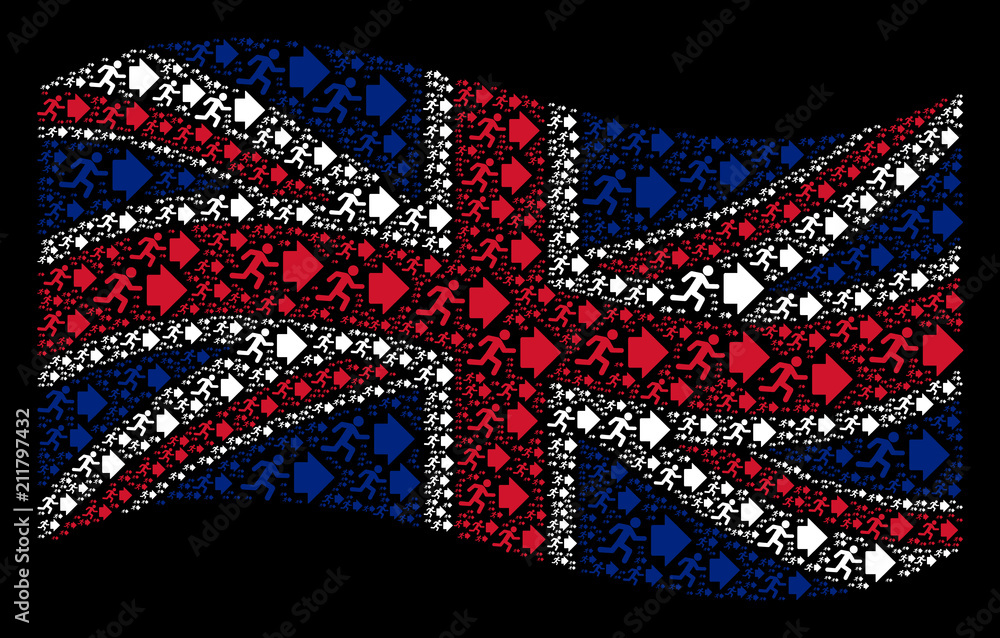 Poster waving british flag on a black background. vector exit direction elements are organized into concept