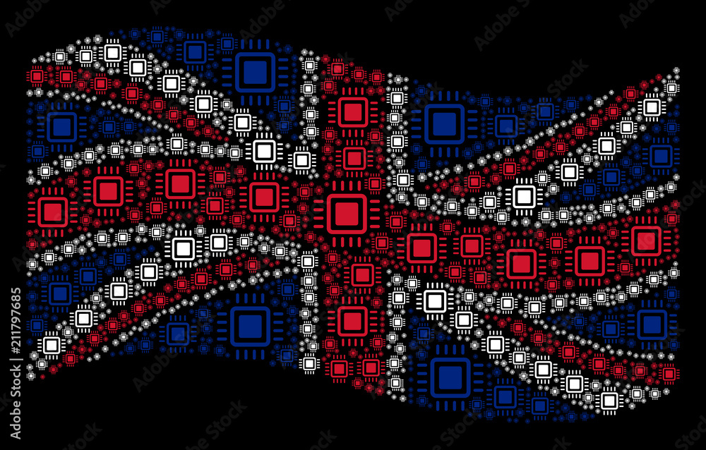 Poster waving uk flag on a black background. vector processor icons are organized into conceptual uk flag i