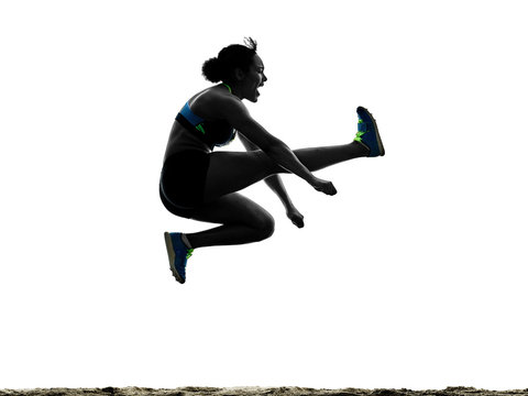 One African Athlete Athletics Long Jump Woman Isolated On White Background Silhouette