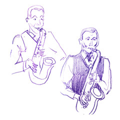 Sketch of a musician with a saxophone. Jazz color pancil illustration. Saxophonist on a white background.