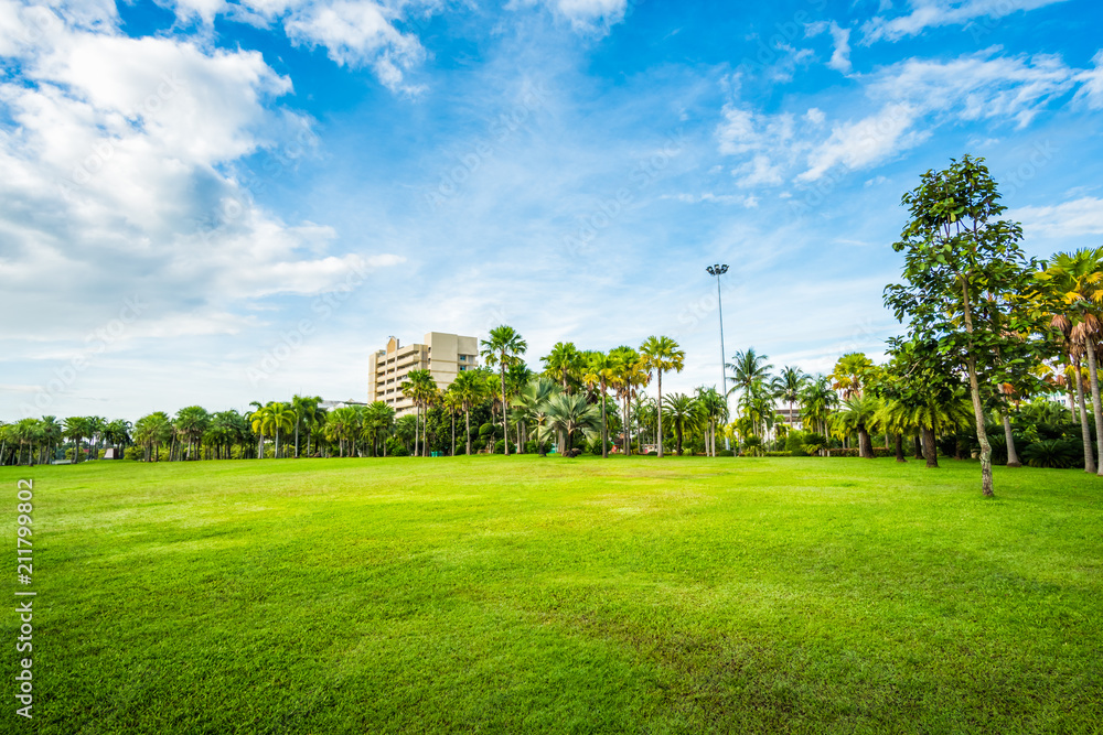 Poster Green grass field with building in Public Park