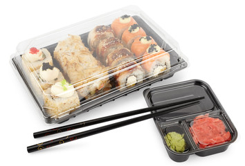 set of sushi rolls in a plastic box, delivered home ready to eat fast healthy food, isolated on white
