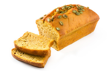 Homemade pumpkin bread isolated on white background