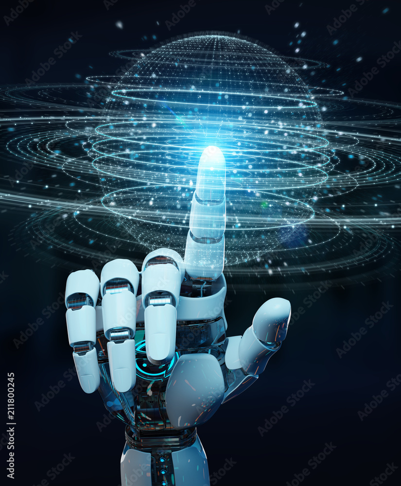 Poster white robot hand using digital sphere connection hologram 3d rendering