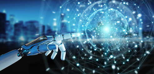 White robot hand using digital screen interface 3D rendering