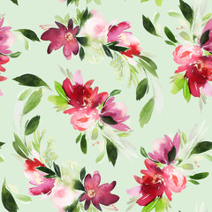 Seamless summer pattern with watercolor flowers handmade.