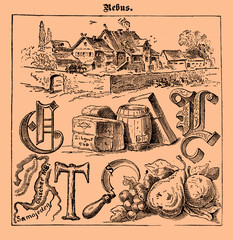 Illustrated rebus game printed on a 19th century Swiss magazine in German language