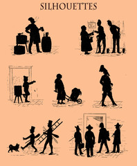 Caricature silhouettes in black from a Swiss magazine of 19th century depicting with humor street life portraits in Munich city