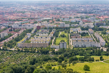 Obraz premium Munich, Germany June 09, 2018: Munich city from above. Panorama of the city of Munich. High angle view over Munich. 