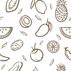 Sketch of mix tropical fruits seamless pattern background vector format in hand drawing cartoon style