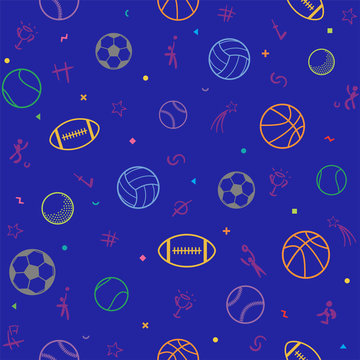 Sport theme seamless pattern background; football; baseball; volleyball; basketball