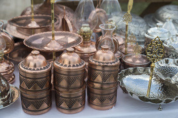 copper kitchenware in the shop.copper materials concept.