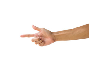 Clipping path. Hand gesture making shooting gun. Shooting two fingers isolated on white background.