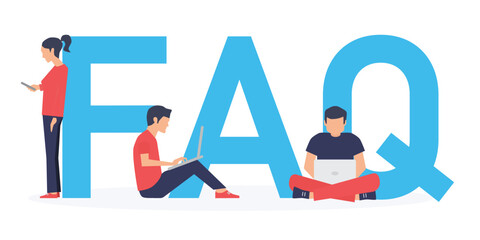 FAQ. Flat design business people concept for answers and questions. Vector illustration for web banner, business presentation, advertising material