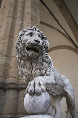 Firenze, Italy - June 21, 2018 : Statue in Loggia dei Lanzi (Medici lion)