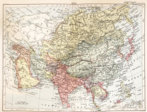 Fototapeta A vintage map of Asia in color from a vintage book Encyclopaedia Britannica by A. and C. Black, vol. 2, of 1875.