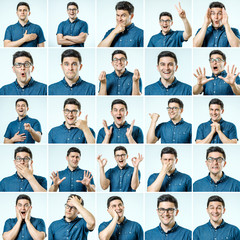 Set of young man's portraits with different emotions and gestures