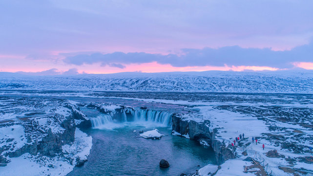 The Godafoss is a waterfall in Iceland. Aerial view and top view.