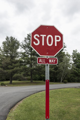 traffic classic all sides red and white stop sign with trees