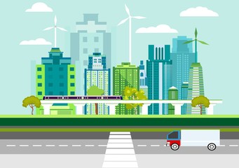 Eco friendly city modern flat design style vector on blue background. Urban cityscape with skyscrapers, solar panels, train. Ecology concept illustration