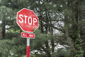 traffic classic all sides red and white stop sign with trees