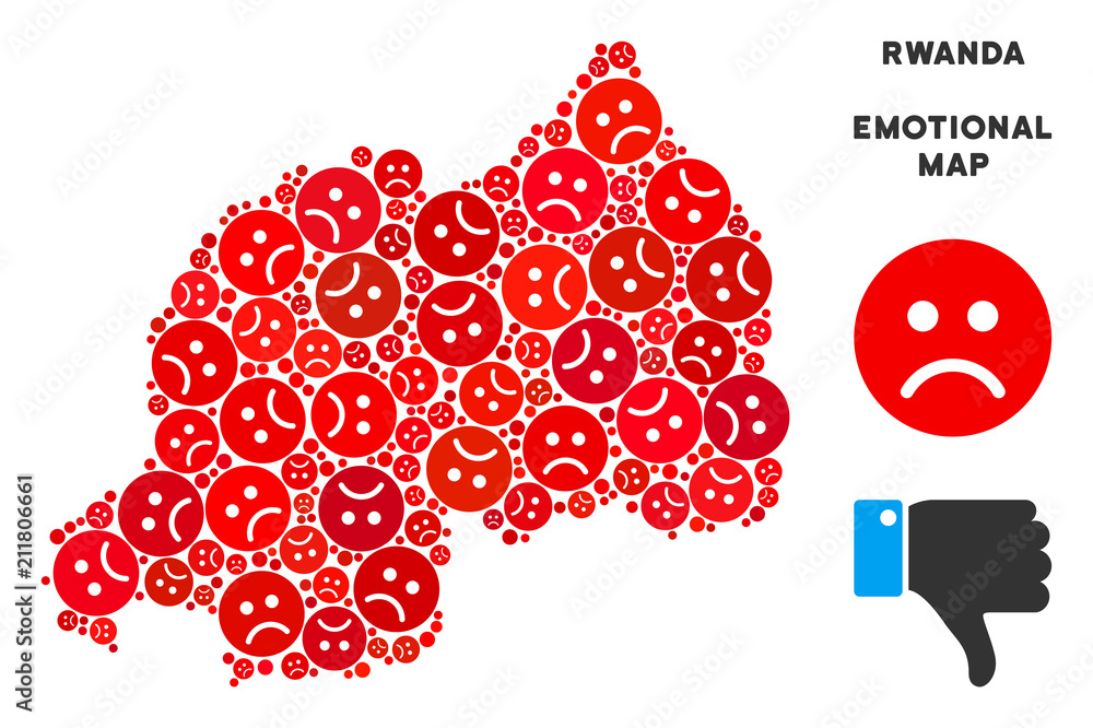 Poster emotion rwanda map mosaic of sad smileys in red colors. negative mood vector template of crisis regi