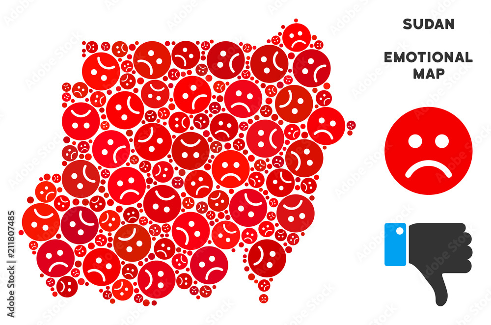 Poster emotional sudan map composition of sad smileys in red colors. negative mood vector concept of depres