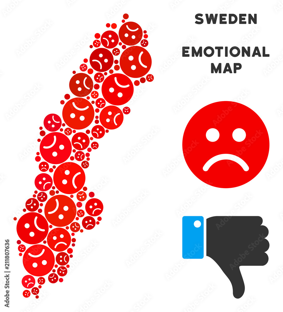 Poster sorrow sweden map composition of sad smileys in red colors. negative mood vector template of crisis 