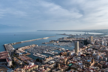 Aerial view of Alicante city from Santa Barbara Castle, showing the marina.