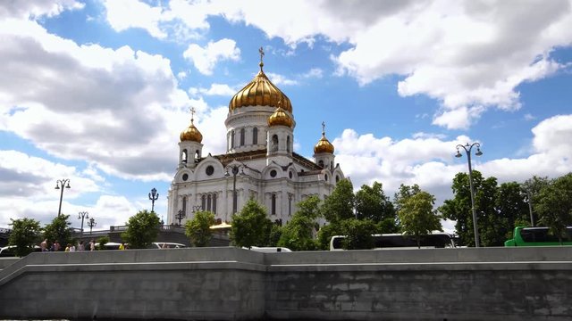 Establishing drone shot of Cathedral of Christ the Saviour in Moscow Russia