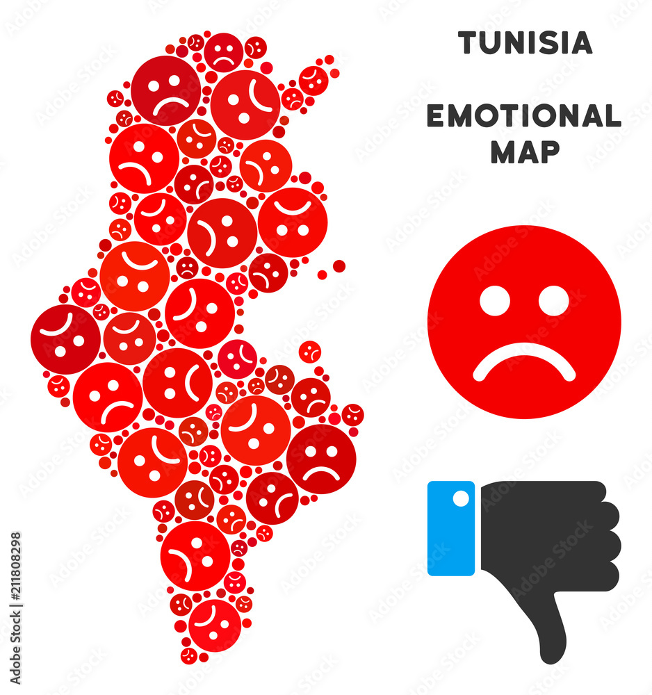 Poster emotion tunisia map composition of sad smileys in red colors. negative mood vector concept of depres