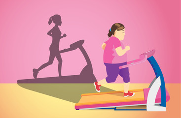 Fat woman jogging on electric treadmill but her shadow was slim. Concept illustration about Lose weight.