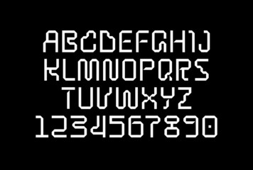 Geometric techno tape font, uppercase latin letters and numerals, electric and futuristic display type that works for game screens and music bands covers, labels and products