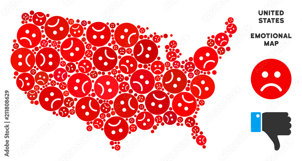 Poster emotion usa map composition of sad emojis in red colors. negative mood vector template of crisis reg