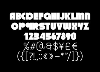 Fat extra bold geometric shape typeface, uppercase, lowercase, letters and numerals, contrast symbols and punctuation, display font for graphic design, print, posters, art, music, books covers
