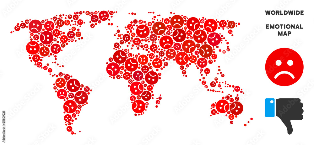 Poster emotion world map composition of sad emojis in red colors. negative mood vector template of crisis r