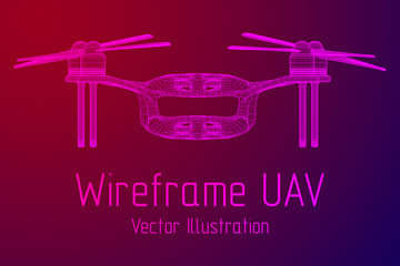 Remote control air drone. Dron flying with action video camera. Wireframe low poly mesh vector illustration