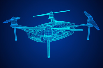 Remote control air drone. Dron flying with action video camera. Wireframe low poly mesh vector illustration