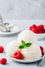 Vanilla ice cream with fresh raspberries and mint leaves