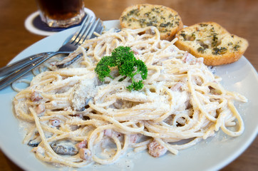 Homemade gourmet carbonara spaghetti.